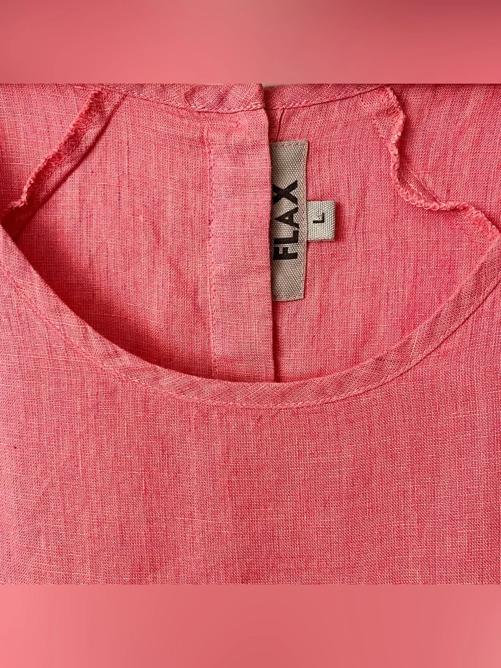 FLAX Women's 100% Linen Tunic Top Shirt Size L Pink Salmon Button Back Summer - Picture 3 of 6